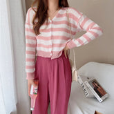 Women Striped Knit Cardigan Button Front Long Sleeve V-neck Crop Sweater Jacket Comfy Knitwear French Chic Autumn Winter Outfit voguable
