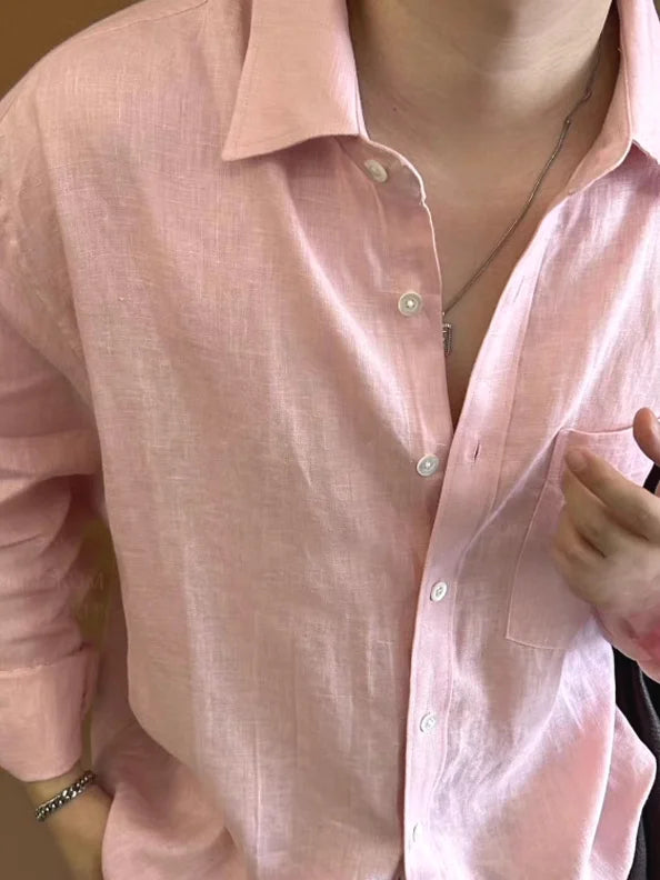 Voguable Casual Cotton Long Sleeve Pink Shirt for Men Vintage Loose Fit Workwear Shirt Breathable Youthful Style Four Seasons Universal voguable