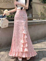 Print Vintage Long Skirt Women Casual Ruffles England Sweet Trumpet Skirts Retro Lace Up Elegant Female Design Long Skirt voguable