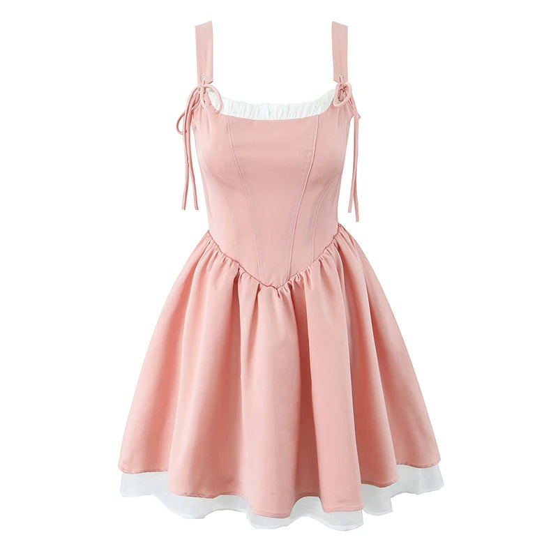 Sweet Elegant Girl Lace Up Back Pink Princess Mini Dress Women Sexy Low Waist Slim Birthday Party Dresses Summer Robe