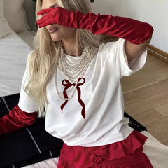 Bow Print Chic White Women T-shirt Cotton 2025 New Round Neck Short Sleeve All-match Tee White Casual Streetwear Female Top voguable