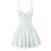 YENKYE 2025 Women Yellow White Lace Up Spaghetti Straps Dress Sexy Sleeveless Low Waist A-line Mini Summer Dresses Party Robe voguable