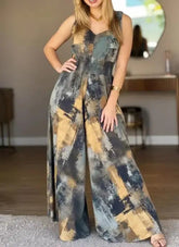 Voguable New oil painting printed V-neck elastic high waisted backless workwear for summer , casual waist cinching wide leg jumpsuit voguable