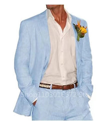 Linen Beige/Blue Men Suits Beach Summer Wedding Italian Blazer Groom Tuxedos Fashion 2 Pieces Prom Party Casual Men Clothes voguable