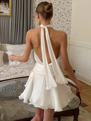 Chiffon Flower Backless Sexy Mini Dress Women White Halter Sleeveless A-line Ruffle Club Party Dress Elegant Fashion voguable