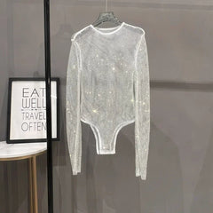 Voguable Sexy Mesh Hollowed Out Jumpsuit T-shirt Rhinestone Round Neck Tight See-through One-piece Bottoming Shirt Ms voguable