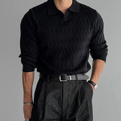 New American Fashion Jacquarded Men Polo Sweater Light Luxury V Neck Knit Solid Color Long-sleeved Tops Premium Quality Knitwear voguable