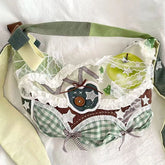 Harajuku Y2k Aesthetic Ins Underarm Bag Women Contrast Color Plaid Rabbit Ear Canvas Bag Grunge Patchwork Lace Shoulder Handbags voguable