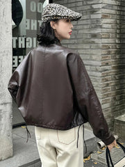 Women Blue Biker Pu Jackets Retro Streetwear Long Sleeve Moto Short Coats Casual O Neck Korean Fall Winter Pockets Outwear New voguable