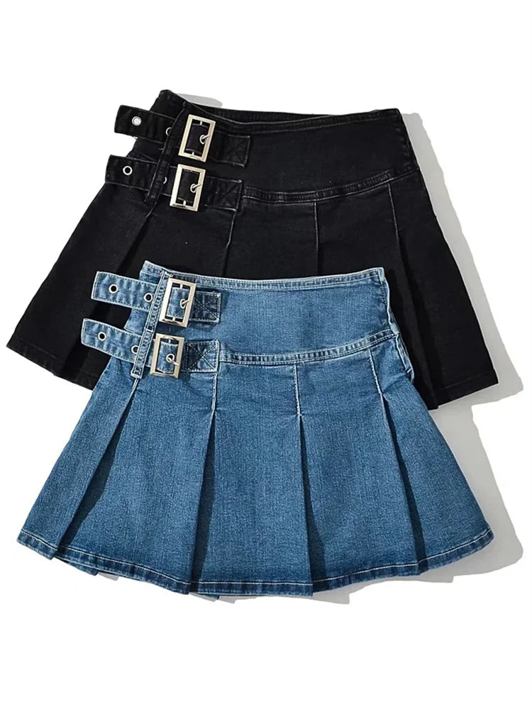 Summer New Denim Y2k Skirt with Pleats and Belt 90s E-girl Korean Skirts For Women High Street Jeans Short Bottom voguable