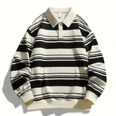 Long Sleeve Striped Polo Shirt - Men's Casual Regular Fit Polyester Knit Fabric with Button-Down Collar voguable