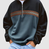 Preppy Style Long Sleeve Polar Fleece Pullover Sweatshirt - Men's Geometric Pattern Stand Collar Zipper Closure Loose Fit with Braid Detail - Slight Stretch for Fall/Winter Warm Casual Jacket gotmes-shop