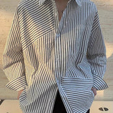 Men's Stylish Stripe Print Turndown Collar Shirts, Single Breasted Long Sleeve Baggy Shirts For Casual Daily Wear, Spring And Fall voguable