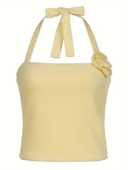 Effortless Glam, Elegant Floral Knit Halter Top with Tie-Back Detail - Sleeveless, Backless French Style Camisole for Women - Perfect for Vacation voguable