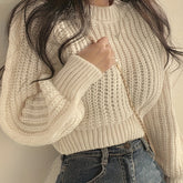 Cozy Crew Neck Crop Sweater - Women's Casual Long Sleeve Knitwear for Fall & Winter - Soft, Warm, and Comfortable Clothing for Everyday Wear voguable