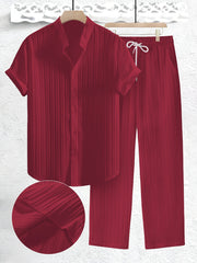 2pcs Men's Solid Color Textured Short Sleeve Shirt + Pants Set, Casual Co-ord Set for Summer voguable