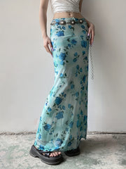Vintage Floral Print Mesh Long Skirt with Bow - Retro Y2K Aesthetic - Women's Fashion - Polyester Blend - Knit Fabric - Seasonal All Year Round - Exclusive Collection voguable