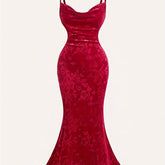 Vintage Red Velvet Maxi Dress for Women with Floral Pattern, V-Neck, and Spaghetti Straps - Polyester Blend, Machine Washable, Flowing Mermaid Hem, Special Occasion Dress|Elegant Maxi Gown|Polyester Velvet Dress voguable