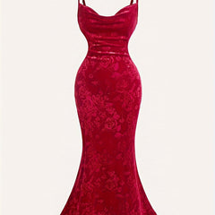 Vintage Red Velvet Maxi Dress for Women with Floral Pattern, V-Neck, and Spaghetti Straps - Polyester Blend, Machine Washable, Flowing Mermaid Hem, Special Occasion Dress|Elegant Maxi Gown|Polyester Velvet Dress voguable