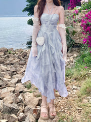 French Style First Love Cherry Blossom Pink Tie-Dye Suspender Dress Vacation Style Fairy Style Gradient Dyeing Women's Summer Floral Irregular Hem Vacation Long Dress voguable