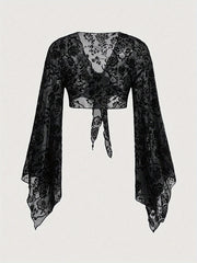 Floral Flocked Sheer Mesh Long Sleeve Cardigan for Women - Elegant V-Neck Polyester Blend (95% Polyester, 5% Elastane) - Short Length Knit Fabric All Season Stylish Top voguable