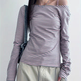 Chic Striped Backless Cross-Tie T-Shirt - Slim Fit, Long Sleeve Casual Top for Women, Machine Washable voguable