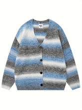 Unisex Loose Fit Acrylic Cardigan - Striped Gradient Dye Knit Sweater - Casual Winter Fashion Outerwear for Couple voguable