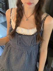 Y2K Checkered Faux Two-Piece Lace Layered Tank Top for Japanese And Korean Style. voguable