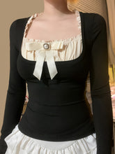 Stylish Contrast Color Bow Splicing Square Collar Two-Piece Long Sleeve Top voguable