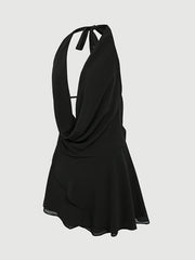 Elegant Women's Solid Color Black Halter Mini Dress - Sexy Backless Design with Tie Detail, Lightweight Polyester, Perfect for Spring/Summer Casual Wear, Plus Size Elegant Dress voguable