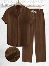 2pcs Men's Solid Color Textured Short Sleeve Shirt + Pants Set, Casual Co-ord Set for Summer voguable