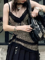 Y2K Leopard Print Cami Top with Lace Trim and Bow Detail, V-Neck, Polyester Blend - Stylish Women's Fashion Tank voguable