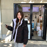 1pc Korean-Style Short Puffer Jacket, 100% Polyester Solid Color, Long Sleeve Regular Length, Woven Fabric, No Belt, Waterproof-Resistant voguable