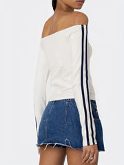 Y2K Style Polyester Knit Crop Top - Off-the-Shoulder Long Sleeve with Number Print - Solid Color T-Shirt for Spring/Summer/Fall voguable