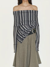 Chic French Street Style Striped Off-Shoulder Top with Ruched Detail - Long Sleeve, Polyester Blend, Machine Washable - Elegant & Unique Women's Spring/Fall Fashion, Autumn Casual Wear|Chic Offshoulder Top|Polyester Blend Top voguable