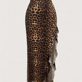 Elegant Leopard Print Long Skirt with Sparkling Sequin Hem Detail - Polyester Knit Fabric with Spandex, Side Slit Ruffle Trim, Skinny Fit for All Seasons voguable