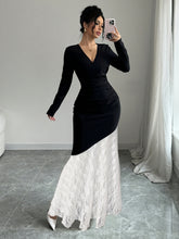 Elegant Black & White Symphony Maxi Dress - V-Neck, Long Sleeve with Lace Detail, Stretchy Polyester Blend, Machine Washable - Chic Adult Knit Dress for Spring/Summer voguable