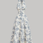 Print Women's Vintage Blue Floral Porcelain Dress - Halter Neck, Backless, A-Line, Long Dress with Ruffled Detail - Perfect for Spring/Summer/Fall Events, Casual & Semi-Sheer Polyester, Machine Washable voguable