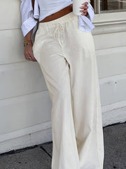 Women's Casual Solid Color Drawstring Waist Knit Polyester Straight Leg Pants - Elegant Summer Collection voguable