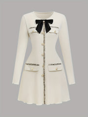 Elegant Long Sleeve A-line Dress - Button Front Bow Decor, Spring & Fall, Women's Clothing voguable