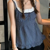 Y2K Checkered Faux Two-Piece Lace Layered Tank Top for Japanese And Korean Style. voguable