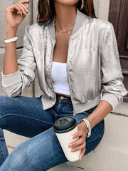 Everyday Comfort, Elegant Women's Pink Metallic Bomber Jacket - Long Sleeve, Zip-Up with Baseball Collar, Polyester Blend, Machine Washable for Spring & Fall Fashion, Spring Jacket|Glossy Finish Jacket|Polyester Blend Jacket voguable