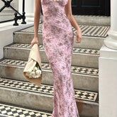 Print Sleeveless Maxi Dress - V-Neck, Lace Trim Detail, Machine Washable Polyester Blend - Chic Summer Vacation Style for Women, Plus Size Elegant Dress voguable