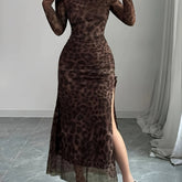 Leopard Print Asymmetrical Neck High Slit Dress - Polyester and Elastane, Machine Washable - Fall/Winter Collection voguable