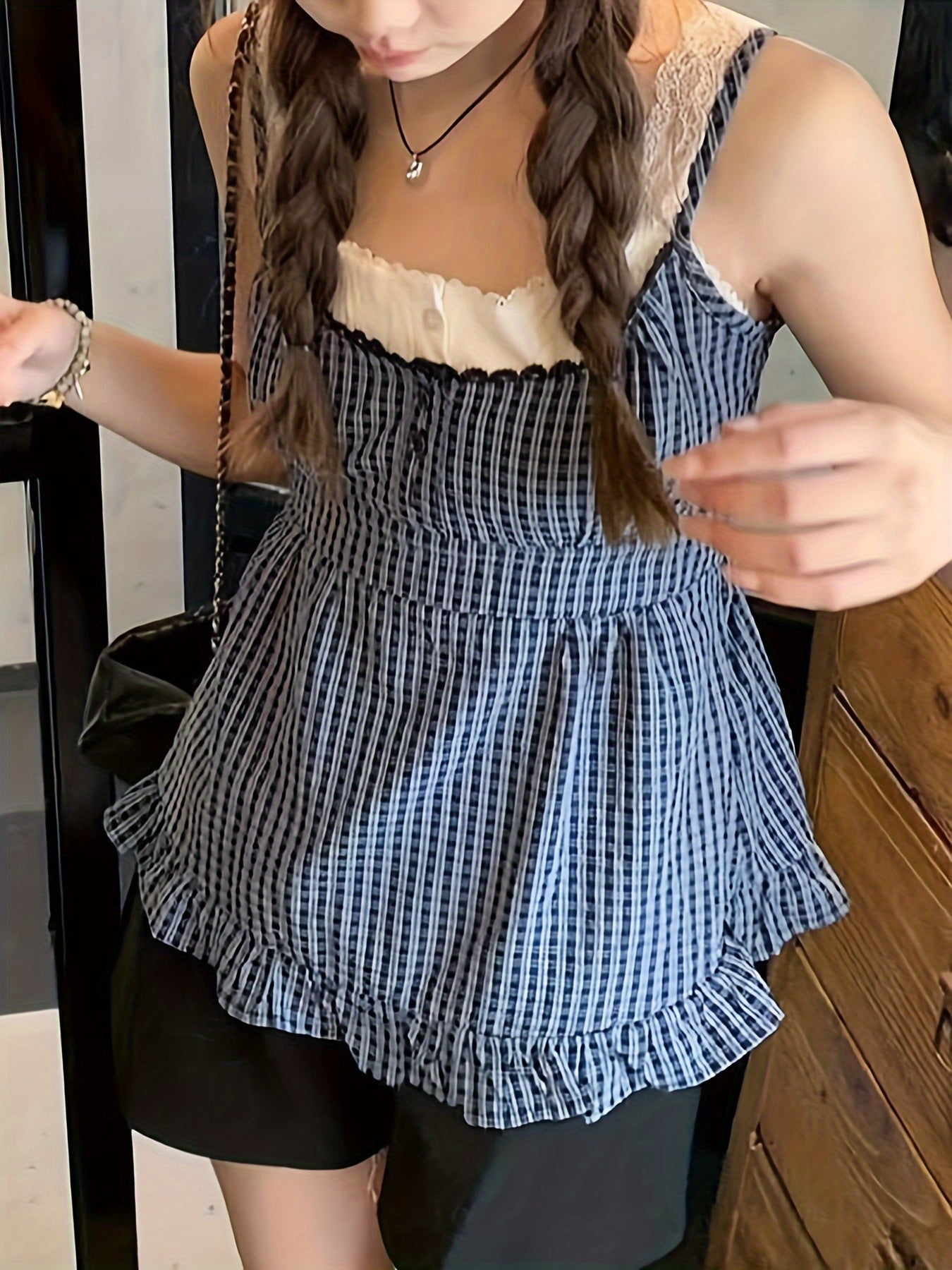 Y2K Checkered Faux Two-Piece Lace Layered Tank Top for Japanese And Korean Style. voguable