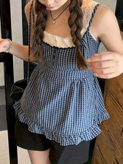 Y2K Checkered Faux Two-Piece Lace Layered Tank Top for Japanese And Korean Style. voguable