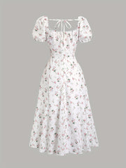 Elegant White Floral Print Midi Dress with Puff Sleeves & Tie-Back Detail - Square Neck, Non-Sheer Polyester for Women - Perfect for Spring, Summer & All Seasons, Formal Wear | Puff Sleeves Dress | Polyester Fabric voguable