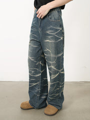 Retro Design Denim Men's Loose Fitting Straight Leg - Water Ripple Street Dance Party Casual Pants voguable