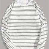 Men's Simple Black Striped Print Long Sleeve T-Shirt, Versatile for Spring/Autumn, Casual Round Neck, Polyester Fabric, Regular Fit, Adult Size gotmes-shop