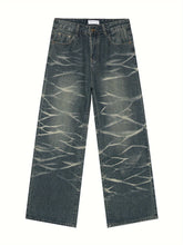 Retro Design Denim Men's Loose Fitting Straight Leg - Water Ripple Street Dance Party Casual Pants voguable